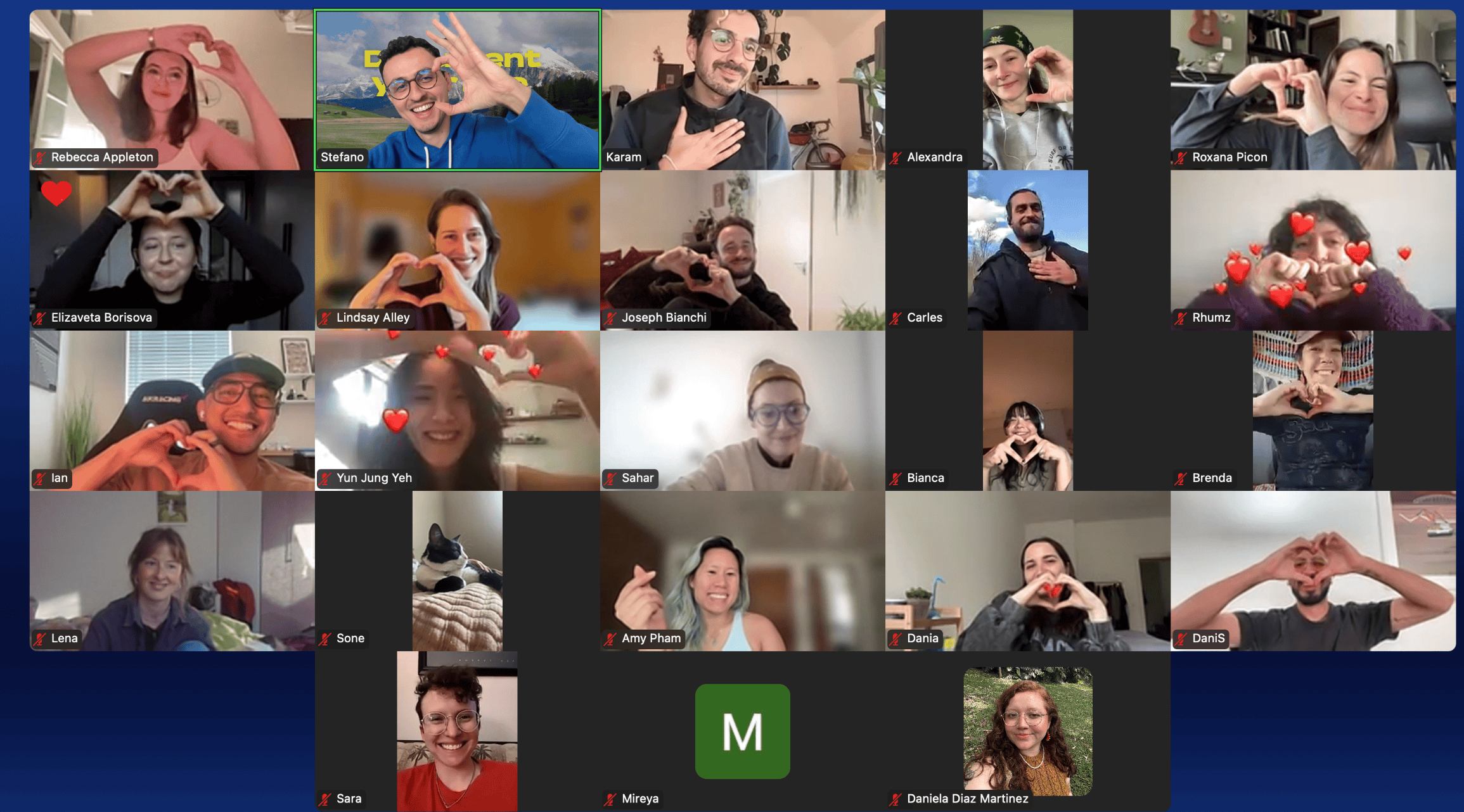 Participants making heart gestures together on a Document Your Life Zoom call