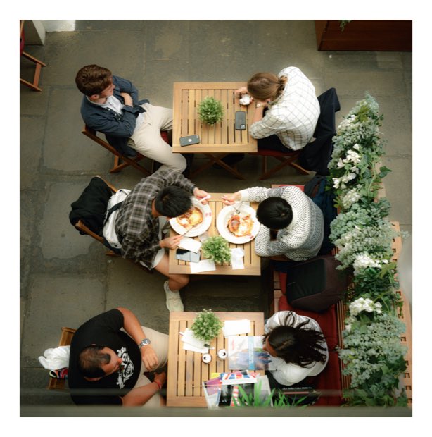 Cafe tables photographed from directly above