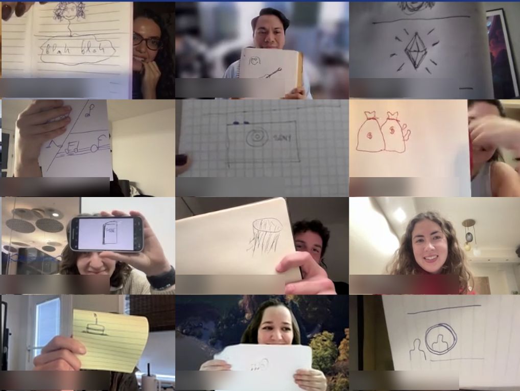 A grid of Thread members on a video call, each holding up a quick hand drawing to the camera
